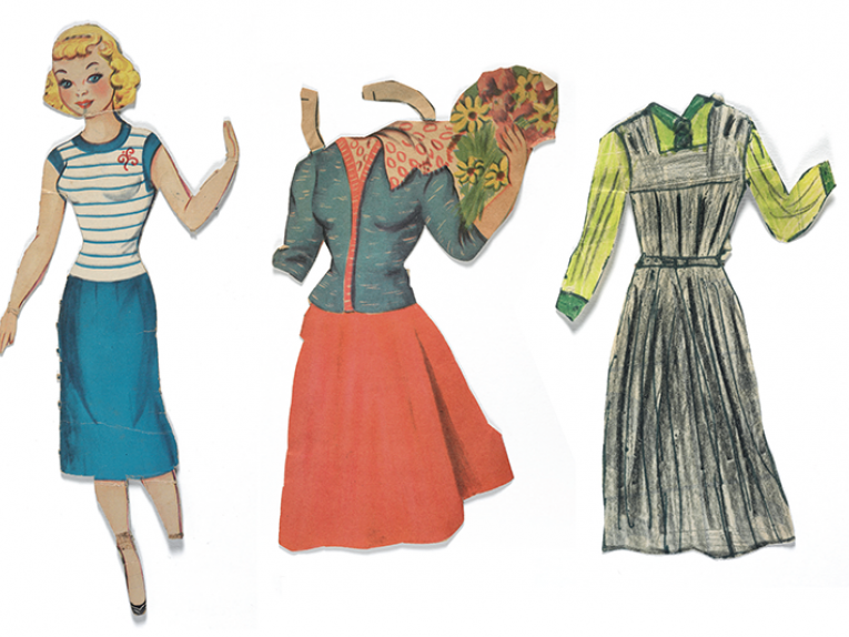 Paper doll ‘Ruth’ and clothes, c. 1958, paper, ink, pencil. Maker unknown, hand-drawings by Drusilla Megget. Gift of Joyce Megget, 2006 (A, Te Papa GH011542/1; B, GH011542/4; C, GH011542/8). Three images of a paper-cut doll and two outfits.