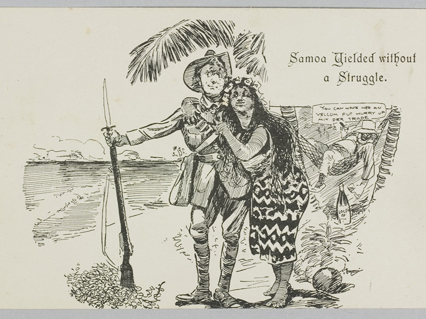 Postcard, 'Samoa Yielded without a Struggle.', 1914, New Zealand, by The New Zealand Observer, William Blomfield. Purchased 2011. Te Papa (GH023110) A line-drawing of two people on a beach. The man is dressed in an Army uniform and the woman is dressed in traditional Sāmoan clothing, and hanging off him 'adoringly'.
