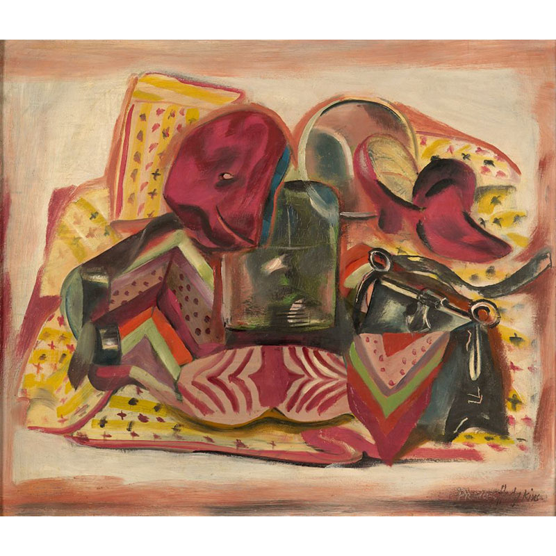 Still-life painting depicting various personal items including a handbag, scarf, hat, and mirror