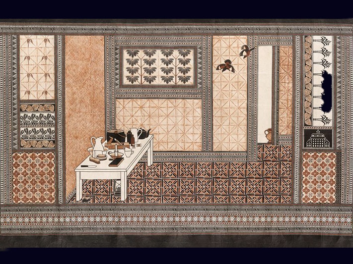 That Vase, Dame Robin White; artist; 2019; Fiji, Gift of Chris and Kathy Parkin, 2021. Te Papa (2020-0026-1) A brown and white patterned masi or tapa cloth