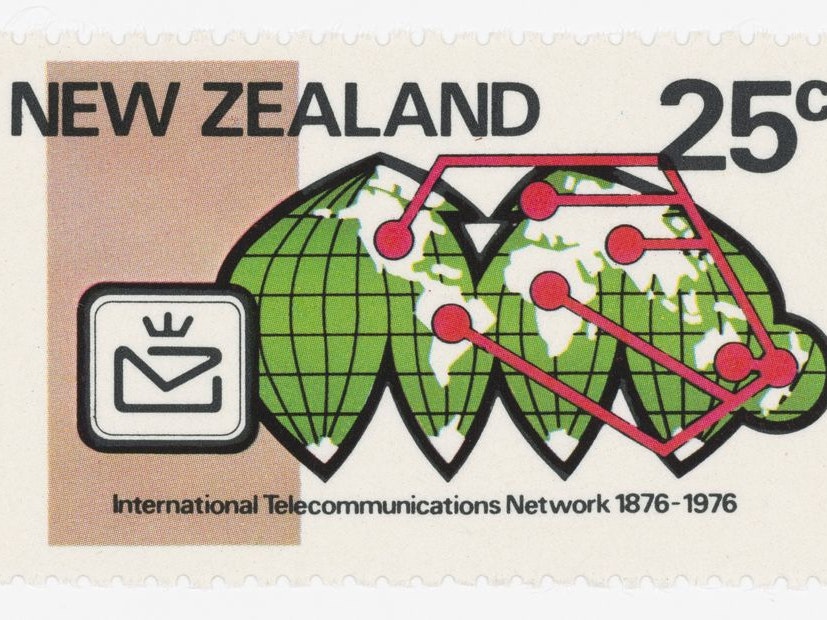 Centenary of the Link into the International Telecommunications Network stamp 25c stamp showing locations on a map connected in a netwrok with red lines.