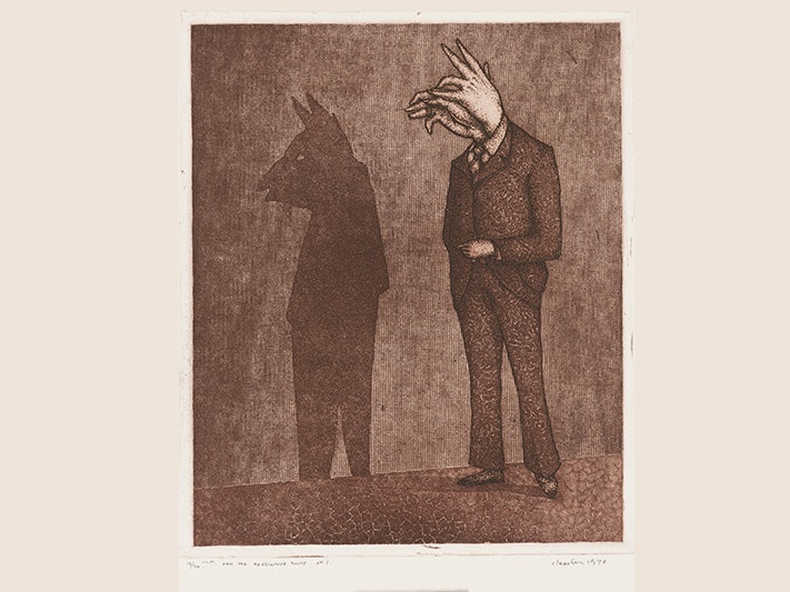 Barry Cleavin, For the executive suite. No.1., etching and aquatint, 1974. Purchased 1975 with Ellen Eames Collection funds. Te Papa (1975-0032-1) A brown and cream etching of a suited person with hands for a head that is casting a shadow of their portrait.