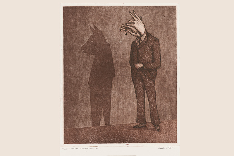 A brown and cream etching of a suited person with hands for a head that is casting a shadow of their portrait.