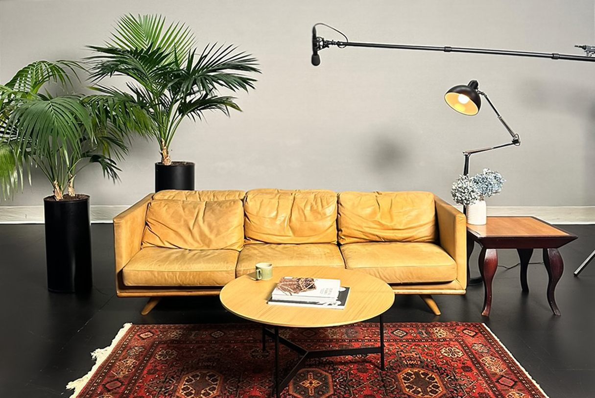 A three-seater sofa with two plants on the left and a light and microphone on the right. There is a table in the middle.