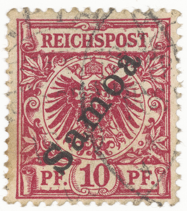 A stamp with red printing on it that says "Reichspost. PF 10 PF and the word Sāmoa in black printed across it.