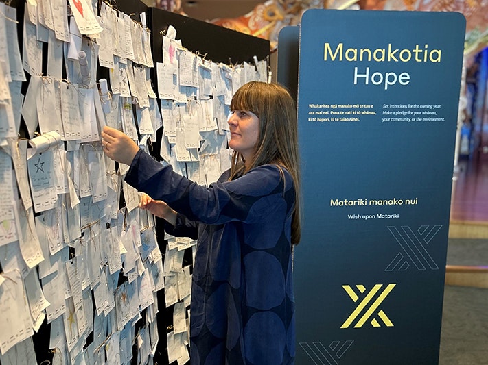 Dan Parke makes a pledge for the coming year in the Mānawatia a Matariki hub on Rongomaraeroa, June 2024. Photo by Heather Byrne. Te Papa A woman in a long blue dress is tying a note to a wall of white paper notes.