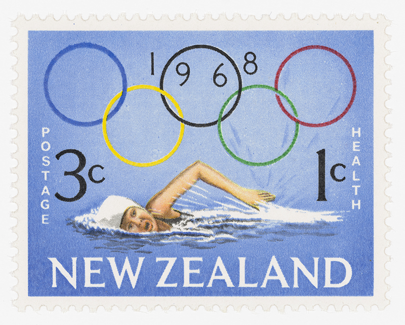 A stamp showing someone in a white swimming cap swimming through water. There are the Olympic rings above the person and the words Postage 3x, 1c Heath, the date 1968,  and the words New Zealalnd