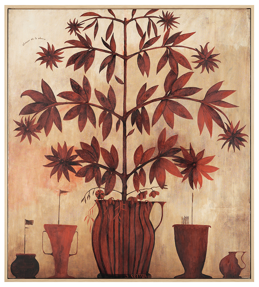 A painting of a pot plant and several other pots. The plant has lots of distinct leaves and the entire painting is monochromatic browns and dark reds.