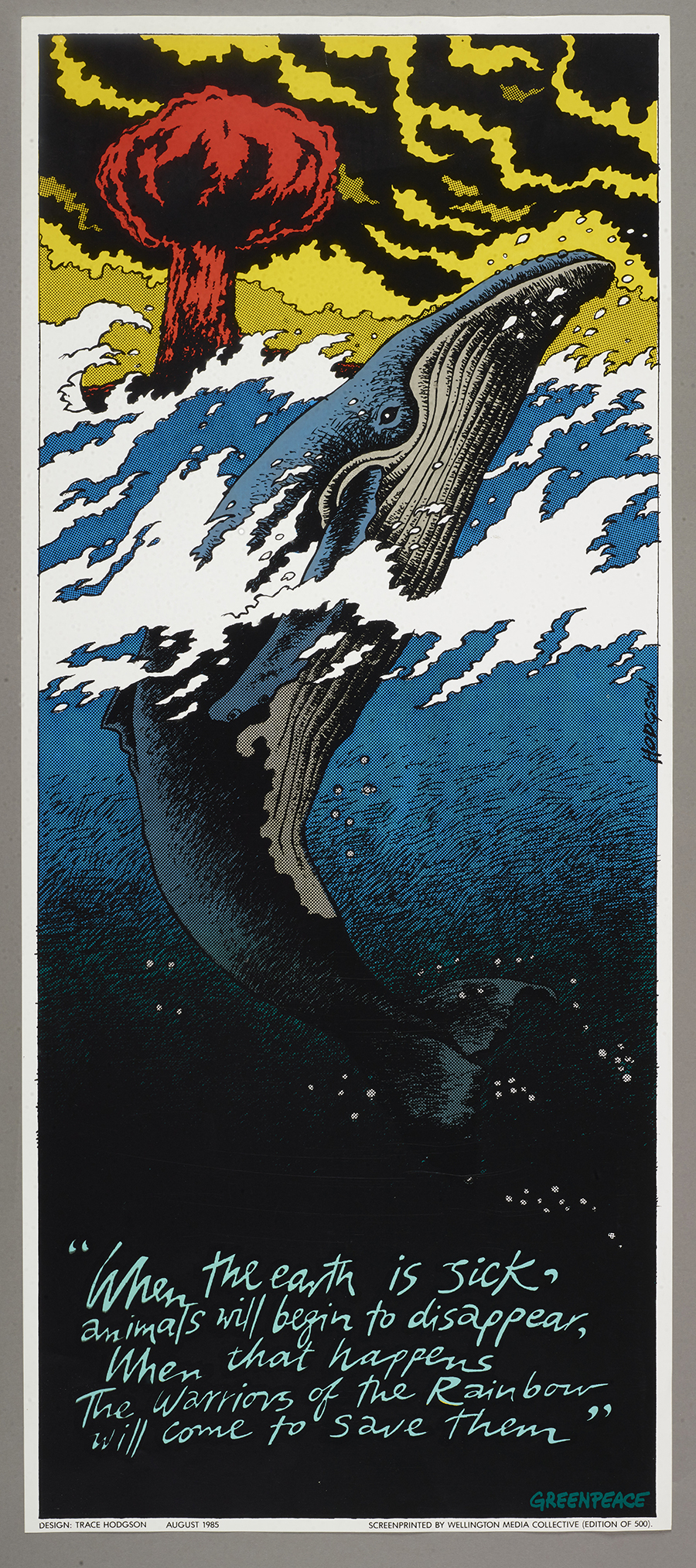 An illustration of a whale leaping out of the water. There is a red atom bomb cloud behind it, menacing clouds, and at the bottom of the image the text "when the earth is sick, animals will disappear, when that happens the warriors of the Rainbow will come to save them."