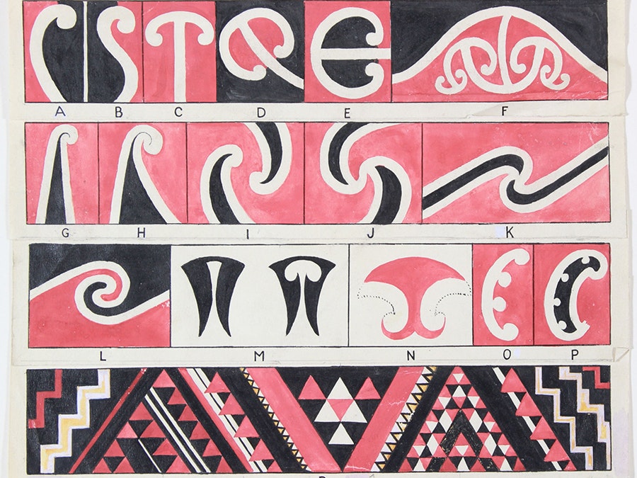 Kowhaiwhai, circa 1886, maker unknown. Te Papa (MU000049/023/0001/0006) Four panels of Māori koru designs in red, black, and white.