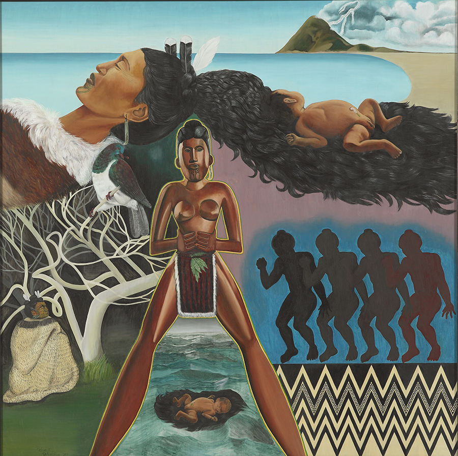 A stylised painting of a beach, warriors, tree roots, and a person in the centre who is facing out looking at the viewer.