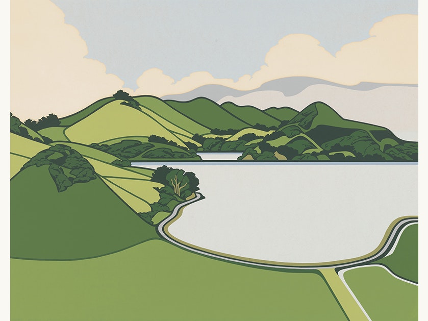 Hooper's Inlet; White, Robin; silkscreen print; paper; screen printing. Purchased 2015 with Dugald Henderson Bequest funds. Te Papa (2015-0023-1) A painting of a harbour inlet painted in solid colours.