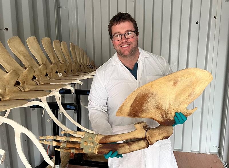 A man in glasses and a white science coat is holding a large piece of an animal's skeleton.