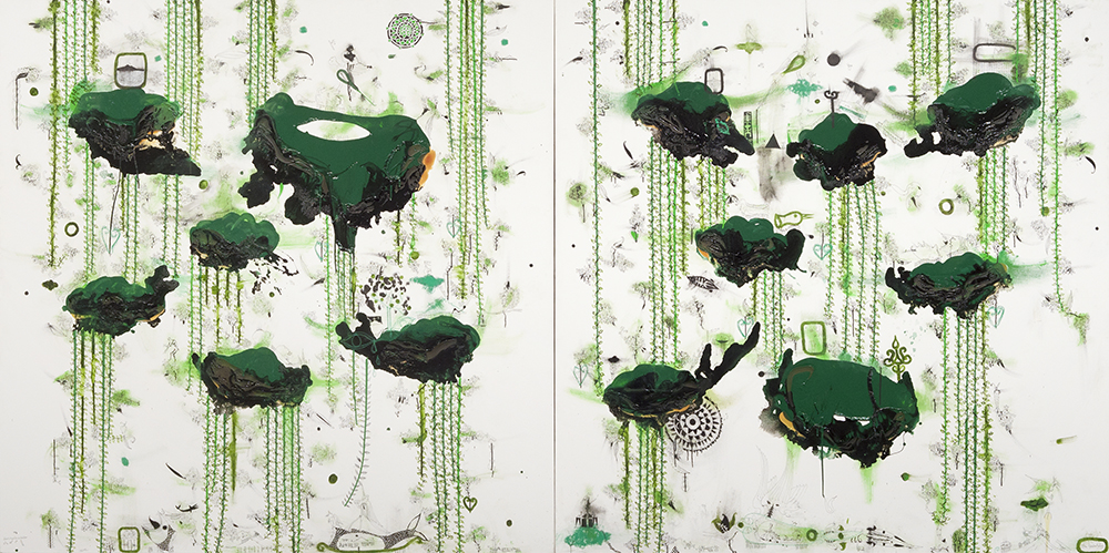 A paiiting on a wall of green splotches with the paint running down from each splotch.