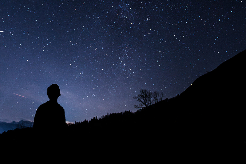 A silhouette of a person looking at the night sky.