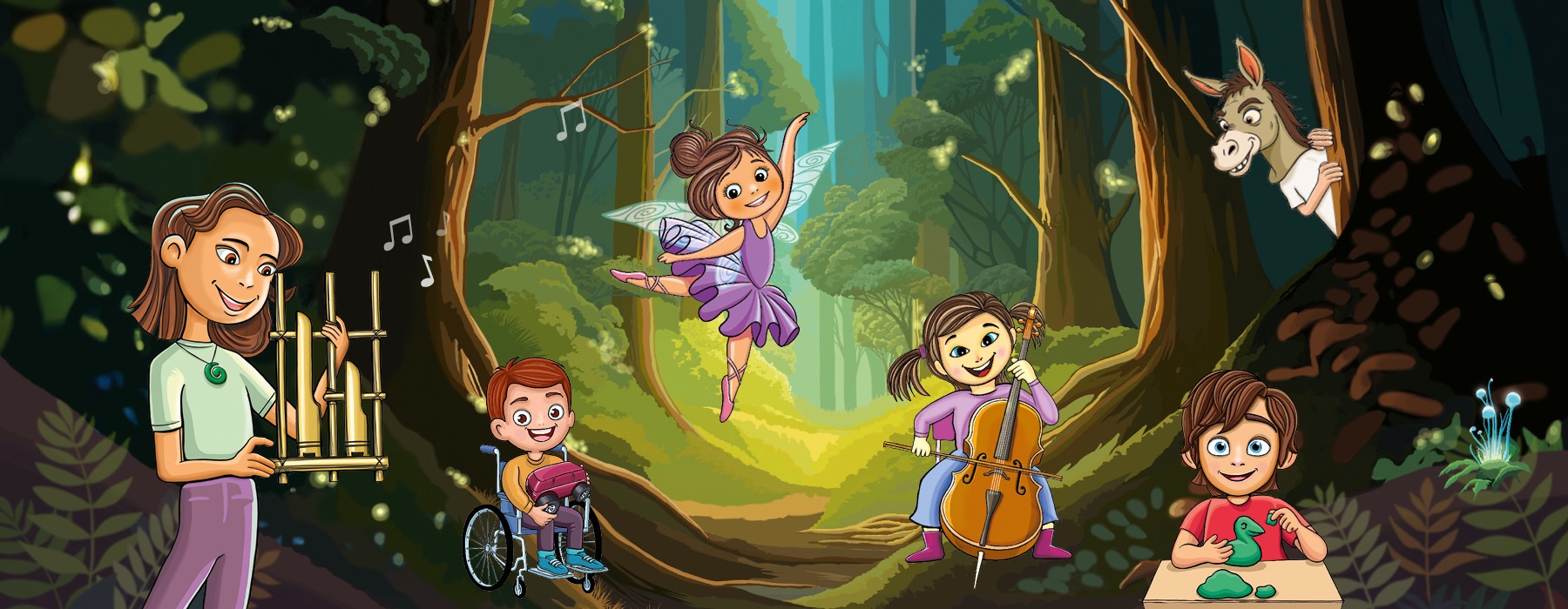 A colourful cartoonised image of four children and a donkey in a forest. One child is holding a wooden instrument, one child is in a wheelchair, one is a flying fairy, one is playing the cello, one is making something with dough. The Donkey is peering out from behind a tree and wearing a tshirt.