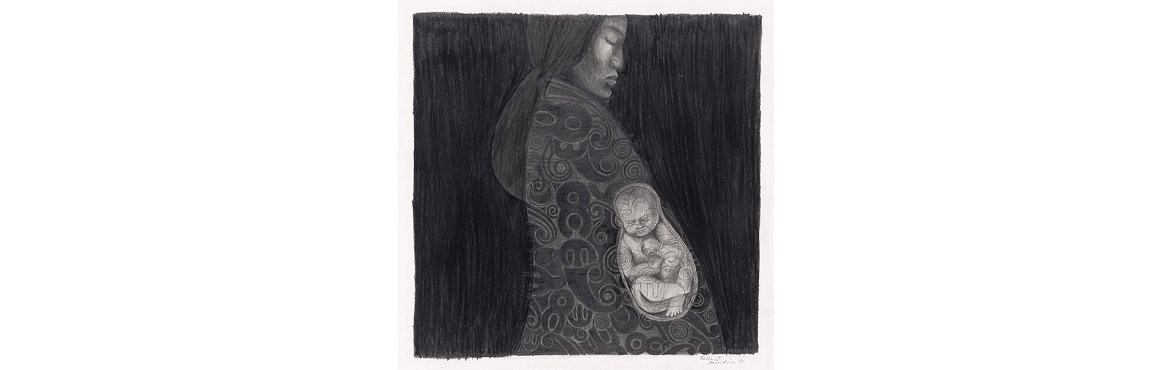 A pencil drawing of a Māori woman side-on and showing a baby in her womb.