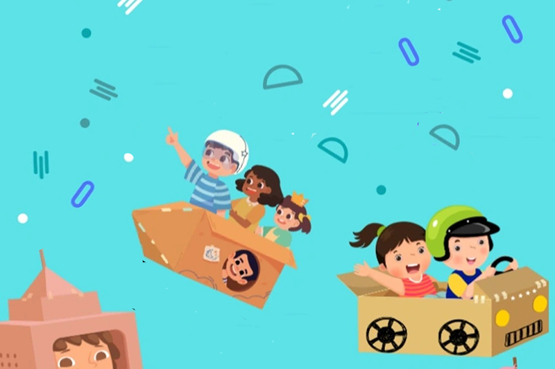 An illustration of kids flying and driving in cardboard boxes.