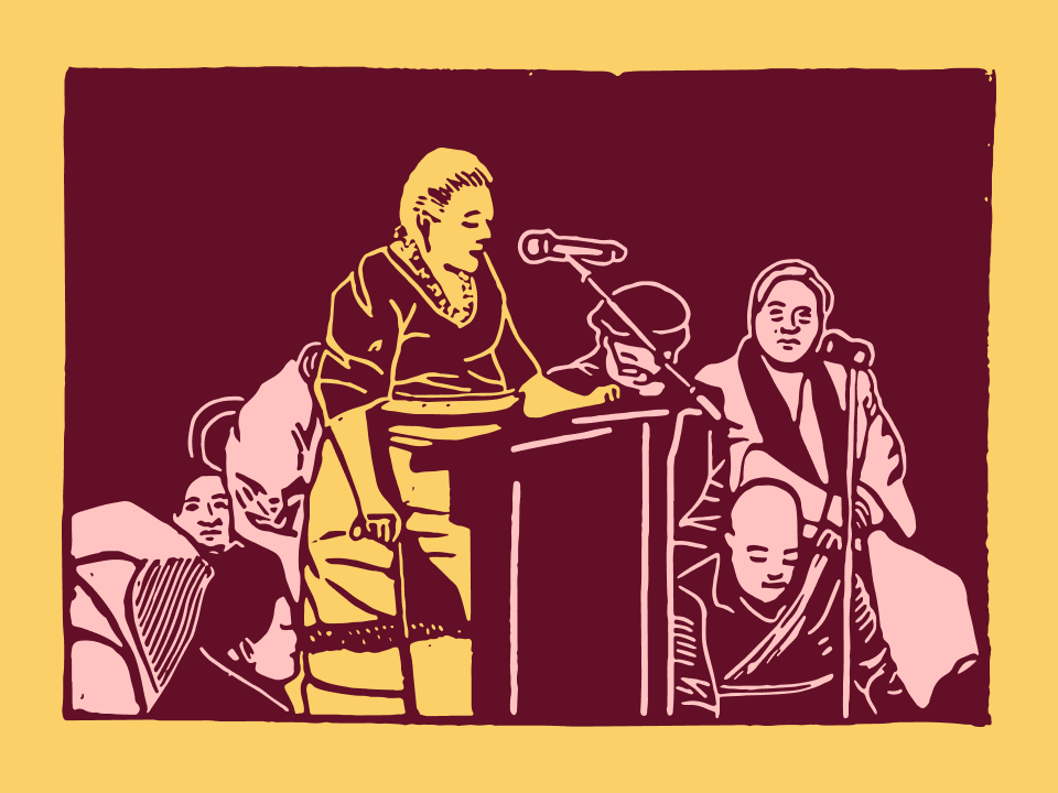 Linocut by Noelle Moa. Illustration courtesy of Manatū Taonga Ministry of Culture and Heritage A linocut print of a woman standing at a podium talking into a microphone.