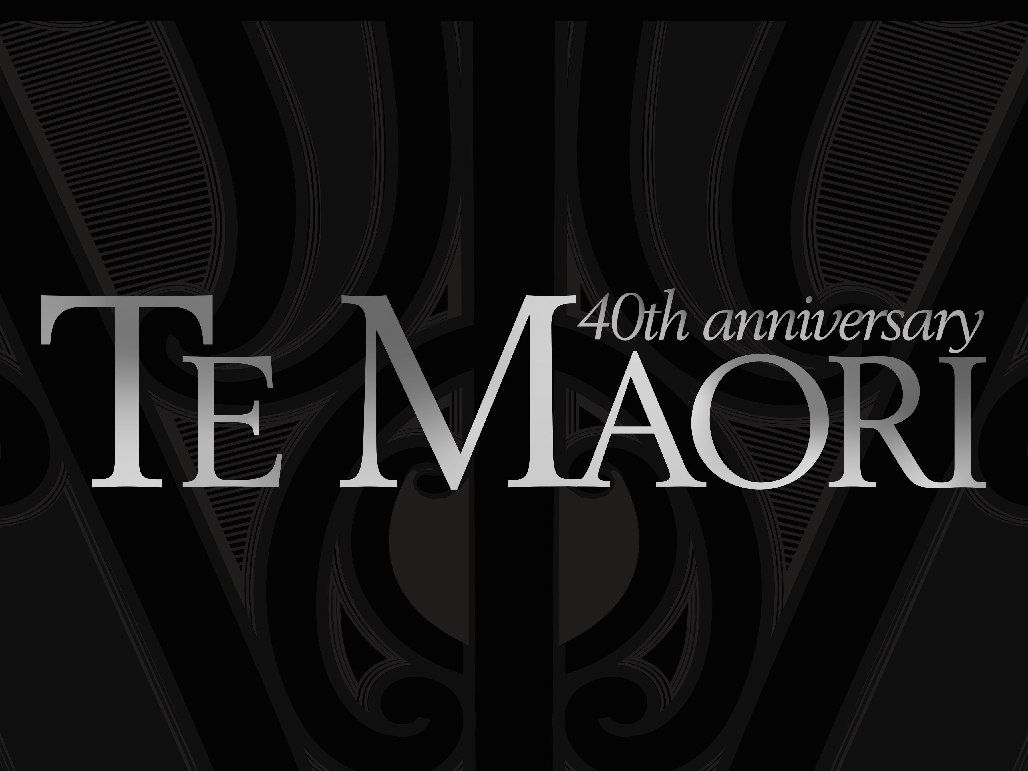 Illustration by Toka Tamihere. Te Papa A black rectangle with a faint Māori design in the background with words in silver that say Te Maori 40th Anniversary