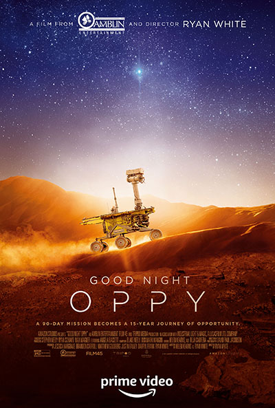 A movie poster with production company logos, the title "Good night Oppy" and a lot of tiny credit text.