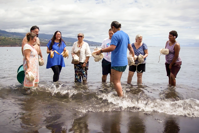 Eight people are standing in the ocean with the waves at their ankles. They are holding bits of bark cloth.