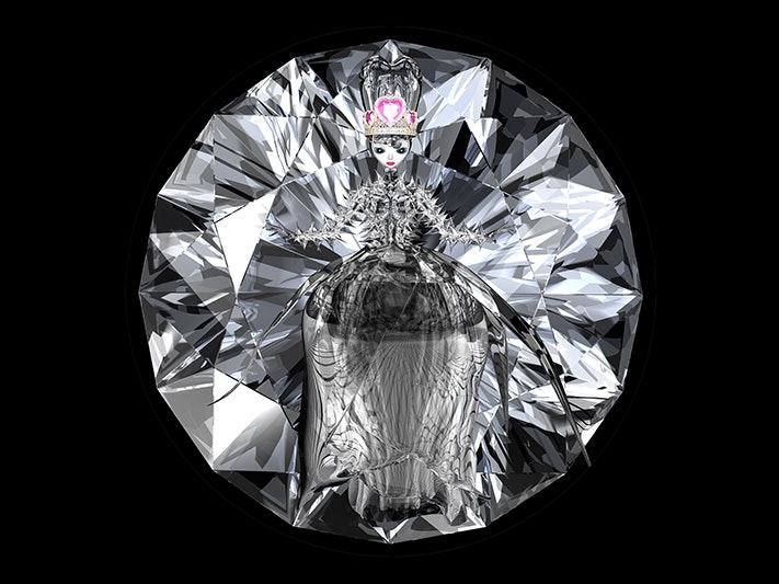 Hye Rim Lee, Glass Queen. Image courtesy of the artist A black rectangle with a large cut diamond on the right-hand side. There is a figure of a queen in the diamond.