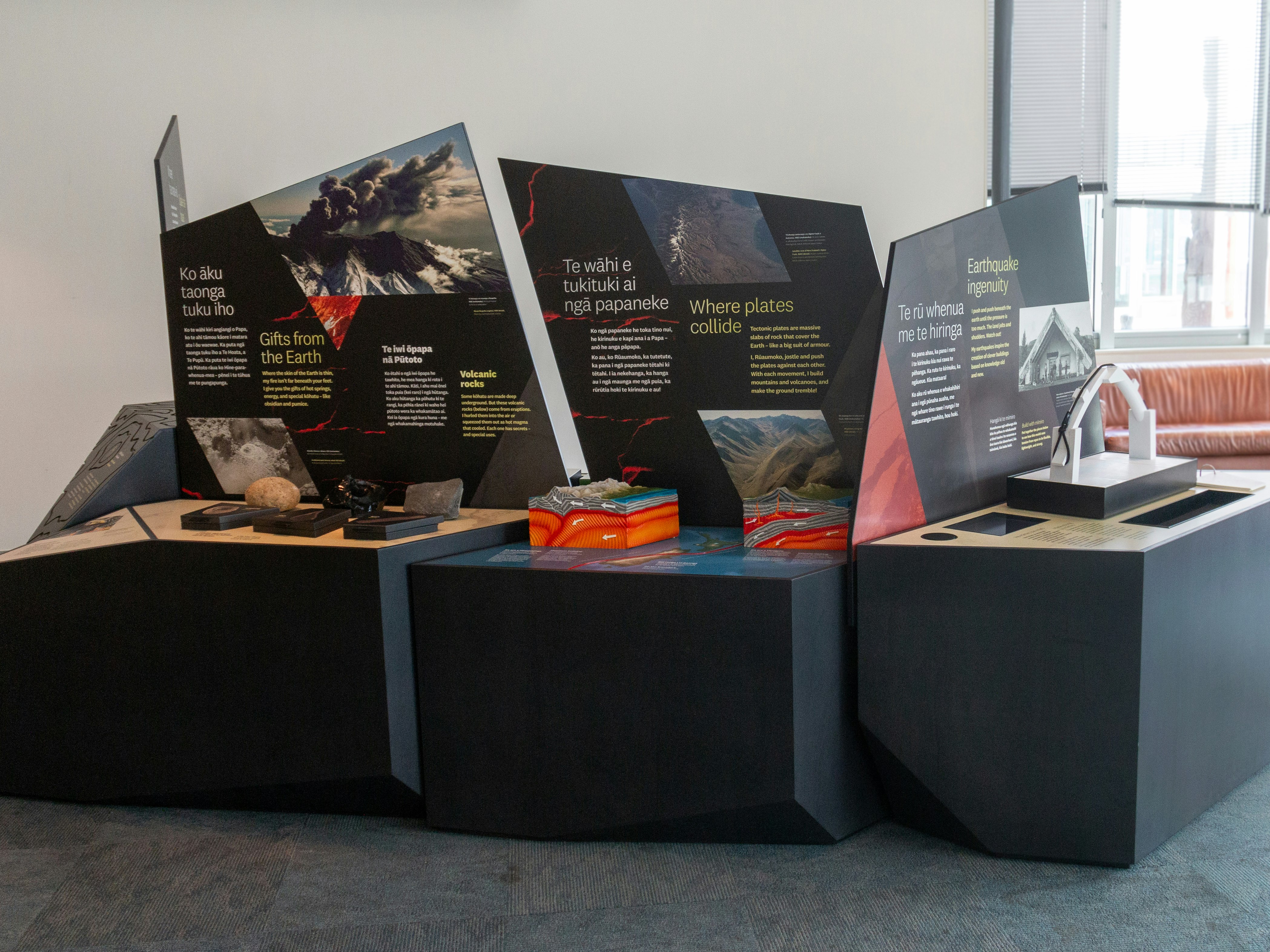 Rūaumoko: Restless Land touring exhibition, 2024. Photo by Jane Harris A collection of presentation boxes with labels and things to touch.