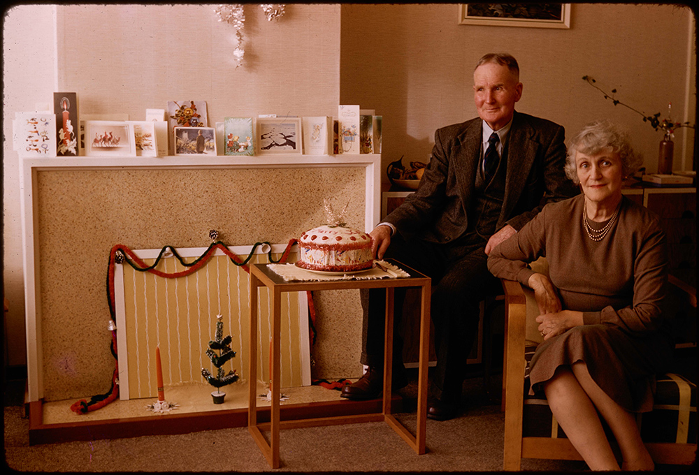 A photo of a couple posed and sitting next to a table with a cake on it. The table is in front of a closed off fireplace. There is a very small Christmas tree on the hearth.