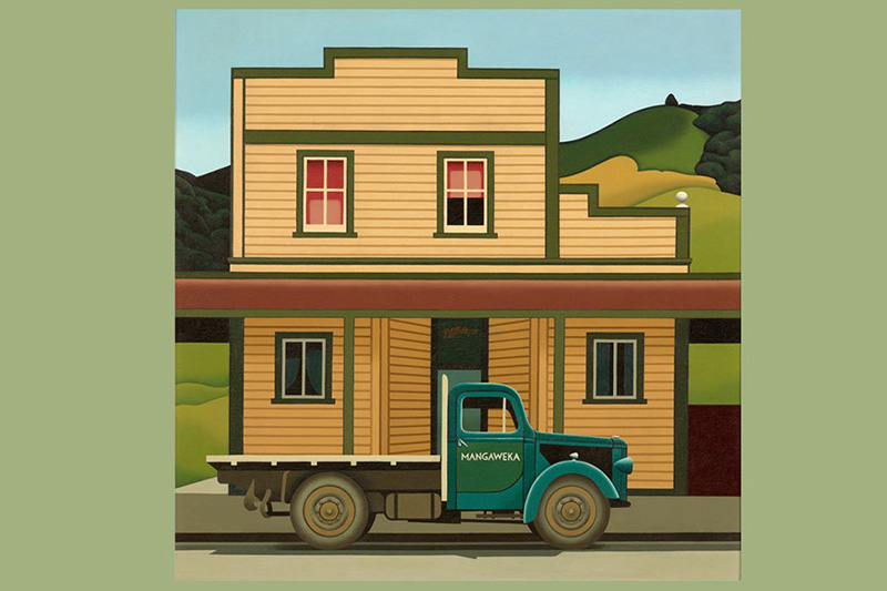 A painting of a wooden building with a green flat-bed truck parked outside. The truck has the word Mangaweka on the door.