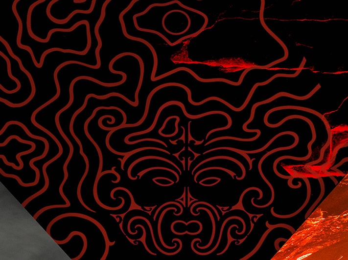 Illustration for Rūaumoko: Restless Land. Te Papa Illustration of red and black shapes and lava with a stylised face drawn with red lines on the darkest part.