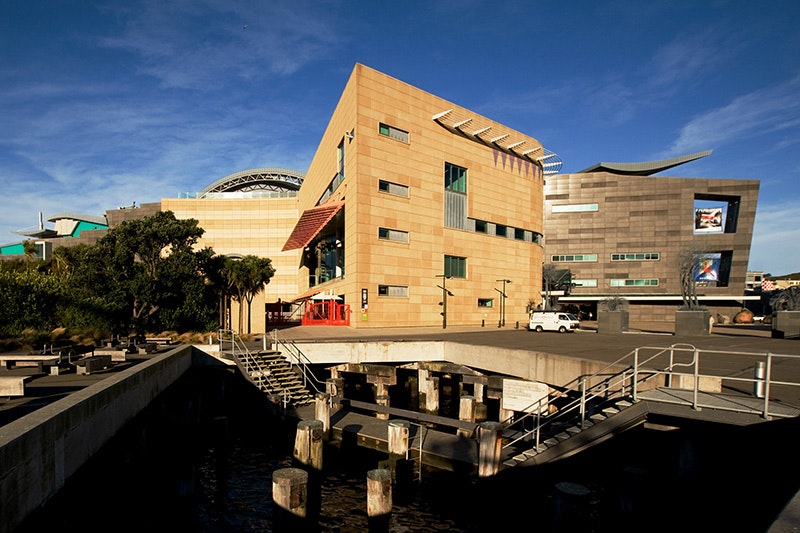 A photo of the unusual building Te Papa, there is a waterfront feature in the foreground with poles poking out of the water. It is a sunny day.
