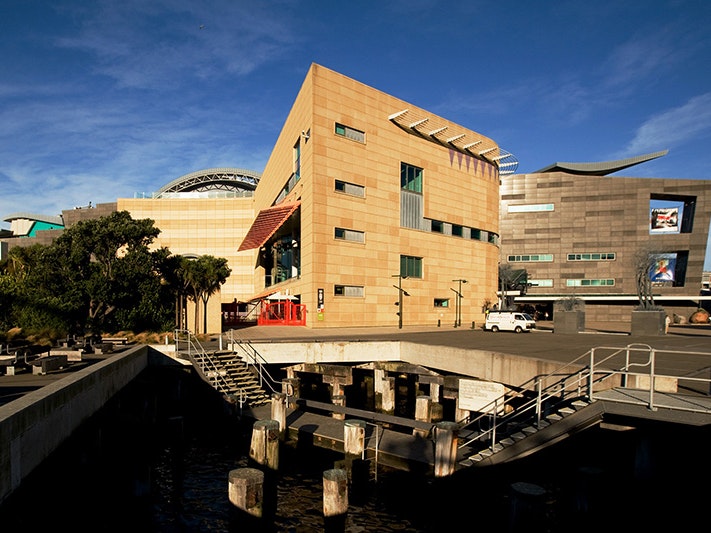 Te Papa from waterfront, 2008. Photo by Te Papa Imaging. Te Papa (106995) A photo of the unusual building Te Papa, there is a waterfront feature in the foreground with poles poking out of the water. It is a sunny day.