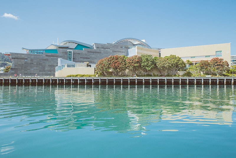 A view of Te Papa from the wharf on the other part of the harbour. There are pōhutukawa trees in flower in front of the building and it is a sunny day.