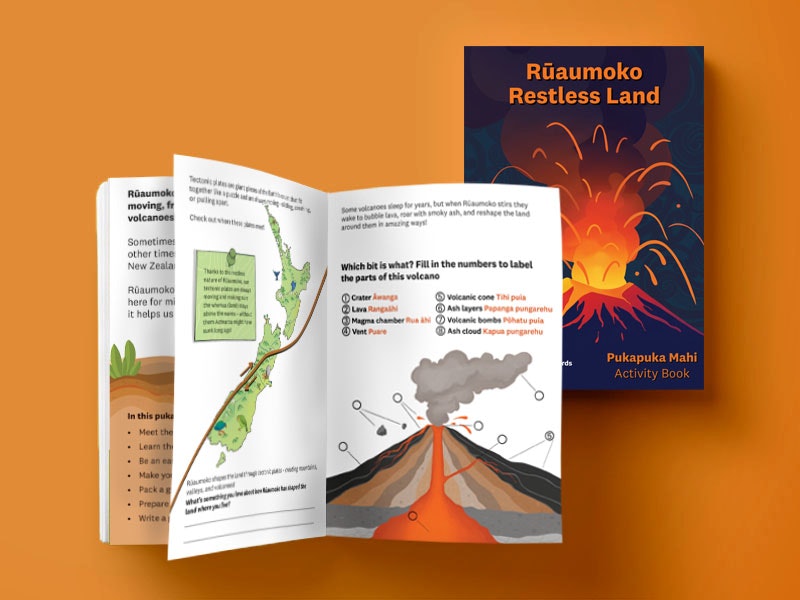 Rūaumoko Activity Book cover and page spread Rūaumoko Activity Book cover and page spread on an orange background.