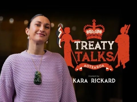 Image from RNZ Treaty Talks podcast series A woman wearing a hei tiki (pounamu pendant) is standing looking at the camera. Beside her is a stylised rendering of the Crown symbol with the words Treat Talks, Aotearoa, and smaller words saying "hosted by" and her name, Kara Rickard.