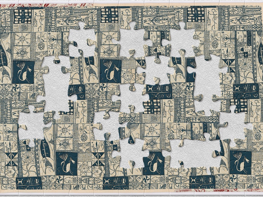 Bed cover, maker unknown.  Gift of Malcolm Harrison, 1998. Te Papa (GH007465) A cloth bed cover with blue and white patterns and designs stamped on it. There are jigsaw-shaped pieces missing from the image.