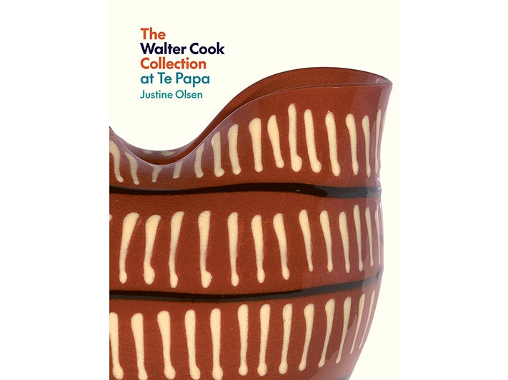 Book cover for The Walter Cook Collection at Te Papa Book cover showing the title, author and a close up of a brown pottery vase that has short white downward stripes and black horizontal stripes.