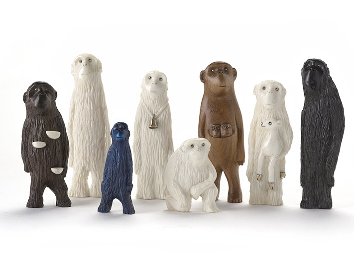 Jane Dodd, eight brooches from the series ‘The Unbelievables’ 2023. Te Papa, purchased 2024 (2024-0009-1/1-8 to 8-8) Eight small figurines of monkeys in different poses on a white background.