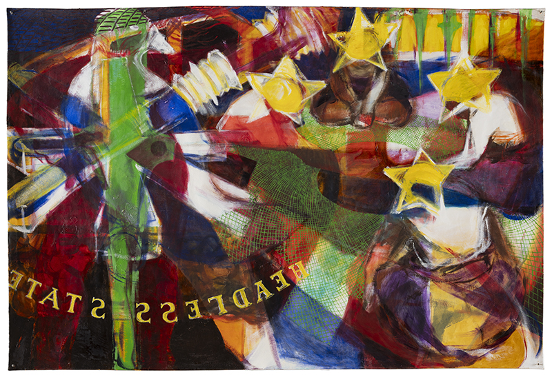 A multi-coloured painting with the words 'Headless state' written backwards in capital letters.