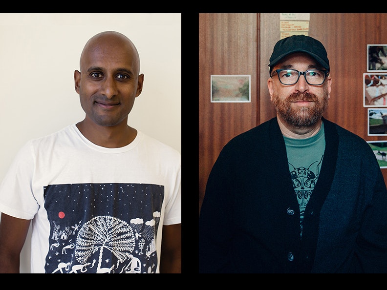 Left: Brannavan Gnanalingam photo by Lucy Li. Right: Duncan Sarkies photo by Ebony Lamb Two head and shoulders photos of two men. One black man with no hair in a tshirt against a cream wall, and one white man with a beard in a cap and glasses against a wall with postcards on it.