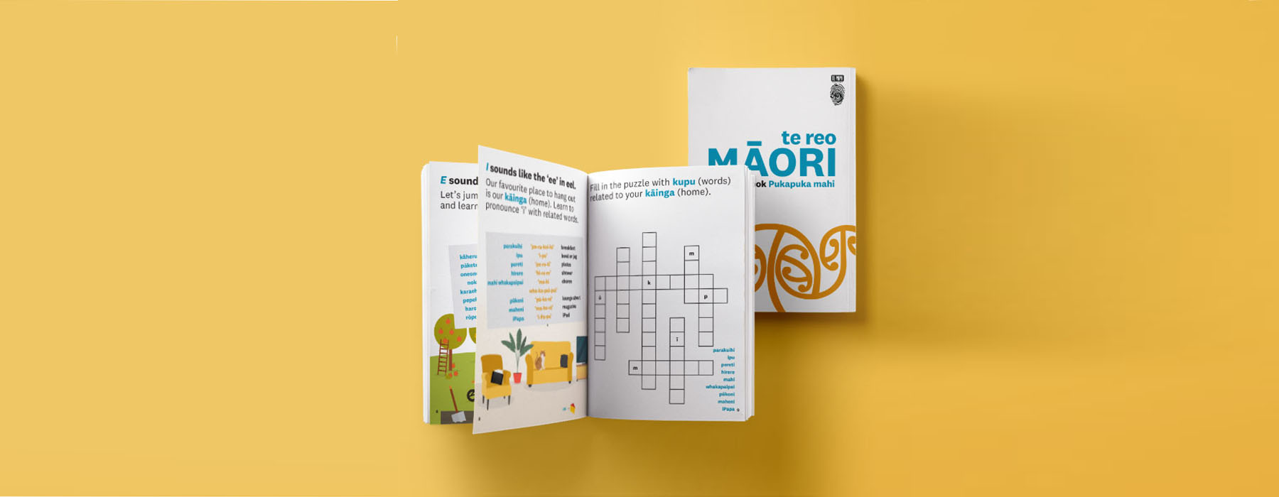 Te reo Māori  activity book cover and page spread on a yellow background.