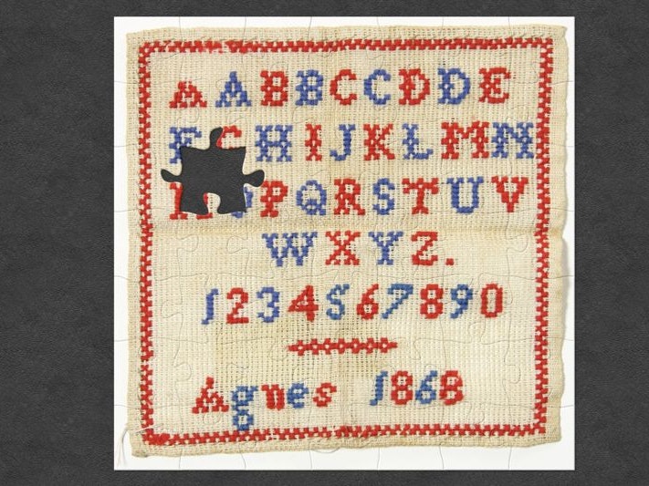 Sampler, 1868, maker unknown. Gift of Geraldine Sanger, 1989. Te Papa (PC003752) A needlepoint sampler with the alphabet, numbers and the words Agnes, 1868. It has jigsaw-shaped pieces missing