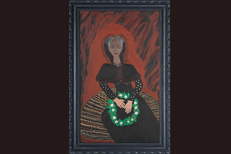 Painting of a woman in mourning dress, with a clematis wreath on her lap.