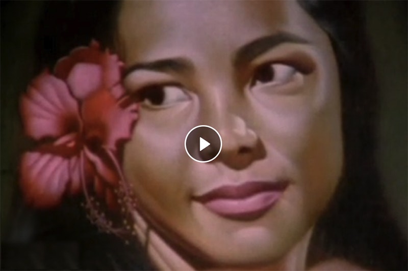 A close up of a painting of a woman's face with a red flower behind her right ear.