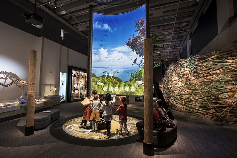 Children in front of a large convex screen with a photo of nature on it. They are in a museum room.