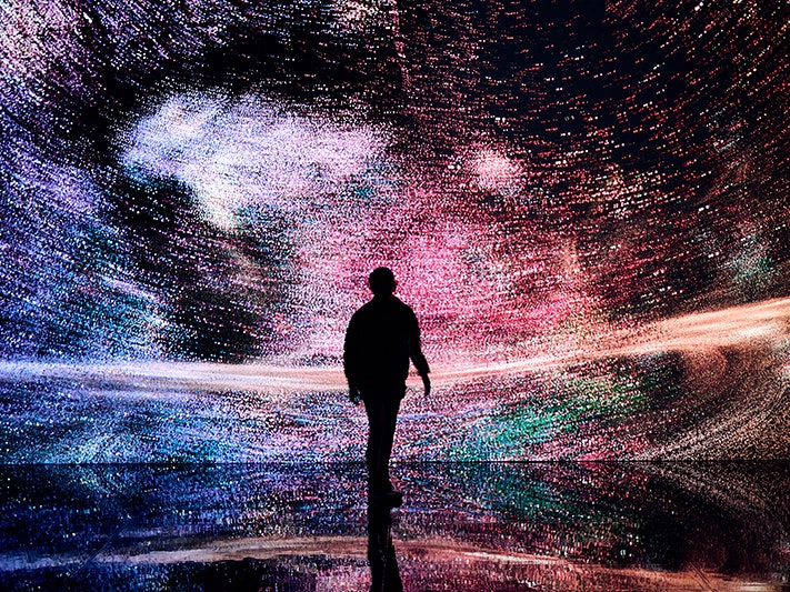 Marshmallow Laser Feast: Works of Nature, 2023, ACMI. Photo © Eugene Hyland. A silhouette of a person standing in front of a large screen of a digital light display which is also reflected on the floor.