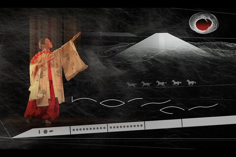 A person in Chinese cultural clothing is gesturing towards a stylised image of a snowy mountain and a red sun. There are five horses at the base of the mountain.