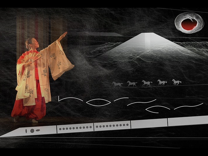 Promotional image of Horses, courtesy of Daniel Belton A person in Chinese cultural clothing is gesturing towards a stylised image of a snowy mountain and a red sun. There are five horses at the base of the mountain.