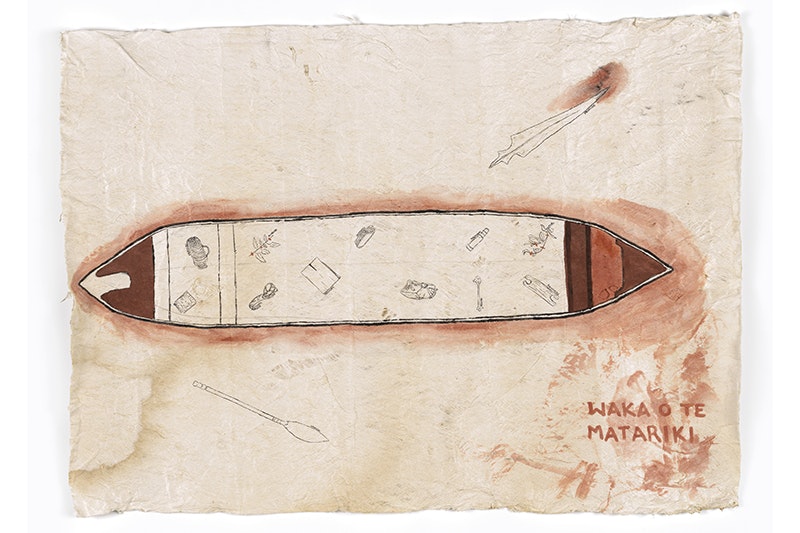 A barkcloth with a top-down view of a waka or canoe in the middle of it.